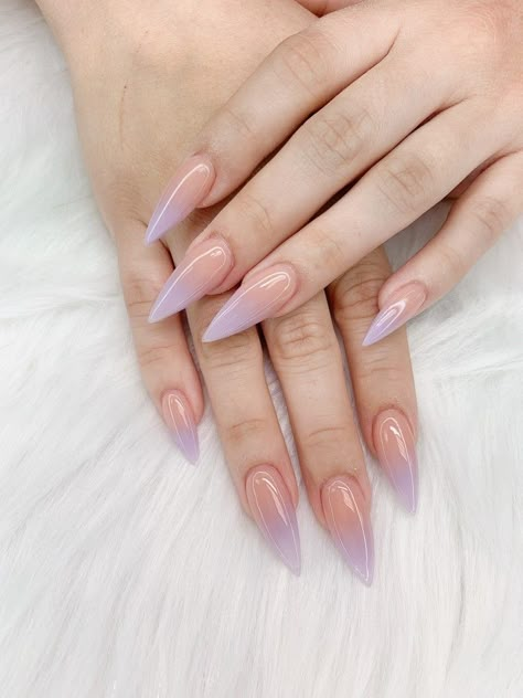 Trendy Lavender Nails, Neutral Nail Designs Stilleto, Lavender Nails Inspiration, Lavender Nail Ideas Almond, Cute Nail Designs Stilettos, Long Acrylic Nails Stiletto Purple, Lavender Ombre Nails Almond, Nude Lavender Nails, Pointy Ombre Nails