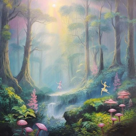 A forest with lots of fog and beautiful plants and ballerinas and a rainbow | pastel color image | illustration image | colorful image Fairytale Landscape Art, Fairy World Painting, Rainbow Fairy Aesthetic, Forest Fairy Painting, Pastel Forest, Faerie Art, Widget Photos, Magical Landscape, Earth Fairy