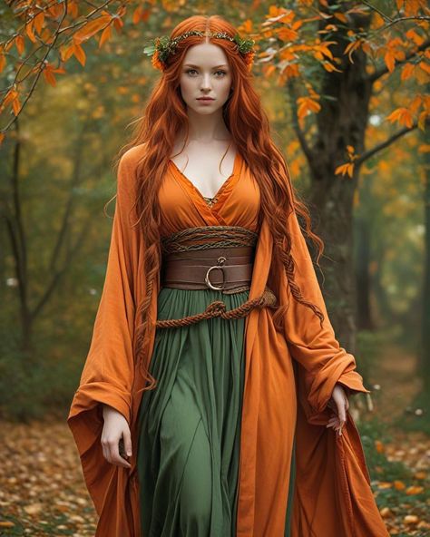 Red Headed Bride, Orange Witch Aesthetic, Autumn Witch Outfit, Autumn Fae, Elven Design, Elven Woman, Celtic Clothing, Autumn Witch, Red Haired Beauty