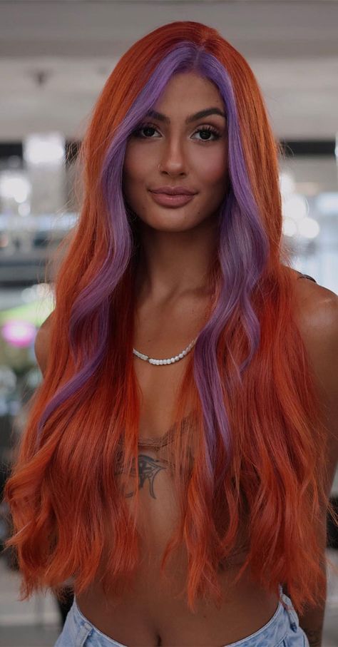 copper and purple hair, summer hair color trends, hair color trends, hair color ideas, vibrancy hair color, hair colour trends, hair colour ideas, two-toned hair, summer hair colors Copper And Purple Hair, Ethereal Hair, Cherry Cola Hair Color, Hair Colour Trends, Brown Hair Color Shades, Hair Colour Ideas, Toned Hair, Vivid Hair, Two Toned Hair