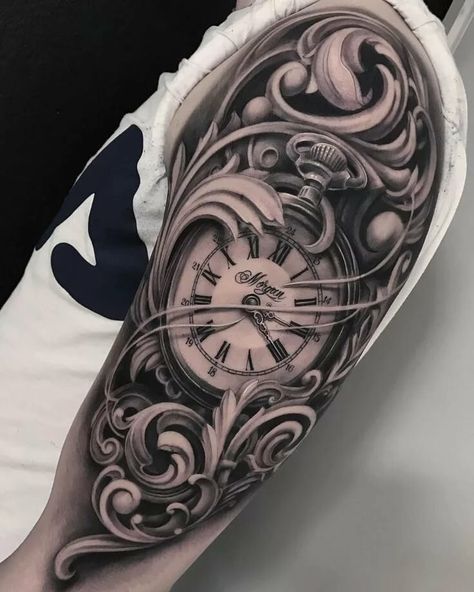 Upper Arm Tattoos For Guys, Pocket Watch Tattoos, Zeus Tattoo, Filigree Tattoo, G Tattoo, Date Tattoos, Clock Tattoo Design, Upper Arm Tattoos, Watch Tattoos