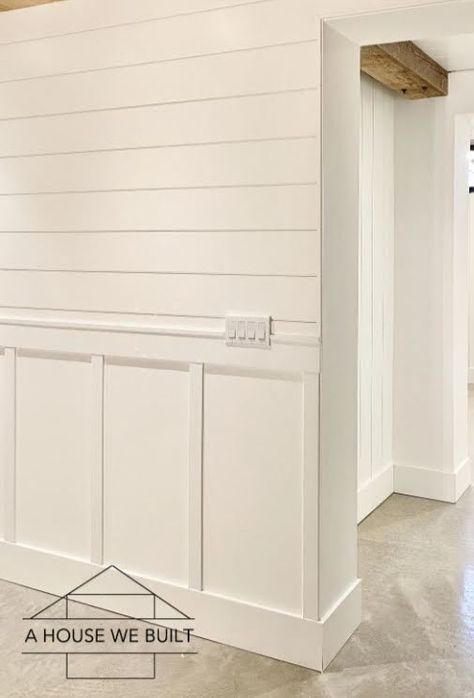 Board And Batten Wall Same Color As Wall, Shiplap With Wainscoting, Shiplap And Wainscoting Together, Partial Shiplap Wall, Shiplap Staircase, Hallway Update, Narrow Hallway Decor, Batten Board, Farmhouse Fireplace Decor