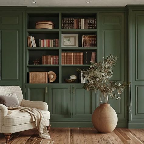 My Top 5 Dark Green Interior Paint Colors by Sherwin-Williams - Renee Renovates Moody Green Sherwin Williams, Warm Dark Green Paint Colors, Moody Green Paint Colors Sherwin Williams, Sw Vogue Green, Sherwin Williams Vogue Green, Vogue Green Sherwin Williams, Dark Green Library Room, Dark Green Bookshelf, Rookwood Shutter Green