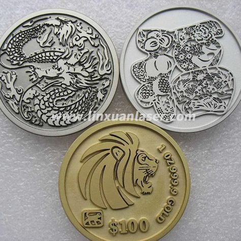 3D Fiber Laser Marking on Metal Coins - Projects - Marking Samples - Linxuan Laser Fiber Laser Projects, Fiber Laser Engraving Ideas, Laser Engraving Ideas Metal, Laser Etched Metal, Laser Engraved Metal, Engraved Metal, Laser Marking, Laser Engraving Machine, Stainless Steel Plate