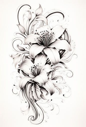 Lily And Lace Tattoo, December Flower Tattoo Birth Month, Flower And Mandala Tattoo, Lily Tattoo Color, Rose And Butterfly Tattoo Design, Whole Back Tattoo Women, Flower Chest Tattoo, Lily Sketch, Lilly Flower Tattoo