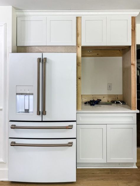 Fridge With Cabinets Around It, Cabinet For Small Appliances, Over Refrigerator Cabinet Ideas, Cabinet For Appliances, Built In Refrigerator Ideas, Built In Refrigerator Cabinet, Fridge Enclosure, Built In Kitchen Appliances, Hide Appliances