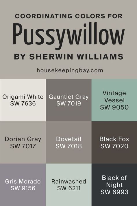 Sherwin-Williams Pussywillow SW 7643 Coordinating Colors Pussywillow Sherwin Williams Color Scheme, Pussywillow Sherwin Williams Cabinets, Dovetail Cabinets Sherwin Williams, Pussywillow Sherwin Williams Exterior, Sherwin Williams Pussywillow, Pussywillow Sherwin Williams, Sw Origami White, Vintage Vessel, Coastal Paint