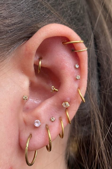 Fish From Spongebob, Peircings Women, Ear Curation Ideas, All Ear Piercings, Minimalist Ear Piercings, Earring Stacks, Piercing Care, Unique Ear Piercings, Ear Piercings Chart