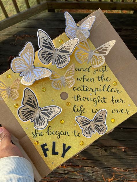 I Did It For My Angels Grad Cap, Grad Cap Ideas Butterflies, Butterfly Grad Cap Ideas, Graduation Cap Designs Butterfly, Butterfly Grad Cap, First Generation Graduation Cap, Butterfly Graduation Cap, Girly Graduation Cap, Yellow Graduation Cap