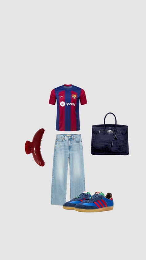 barca jersey fit #outfit #fitinspo #barca #fcbarca #jerseyoutfit #jersey Barca Outfit, Barca Jersey, Jersey Outfit, Fitness Inspo, Casual Outfits, Ootd