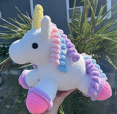 Unicorn 🦄 Dm to purchase Price: $75 Pattern by: @crochetbygenna #crochet #unicorn #crochetunicorn #amigurumi #plushies #handmade How To Crochet A Unicorn, Unicorn Plush Crochet Pattern Free, No Sew Unicorn Crochet Pattern, Unicorn Stuffed Animal Aesthetic, Unicorn Plushies, Plush Unicorn Crochet, Giant Unicorn Plush, Crochet Unicorn, Crochet Projects