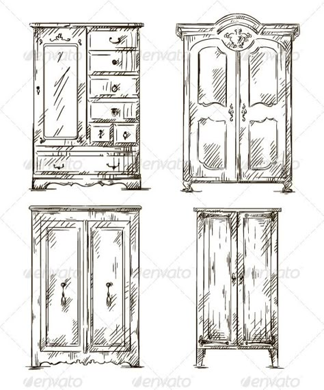 Set of Hand Drawn Wardrobes Interior Elements Room Sketch, Interior Design Sketchbook, Drawing Furniture, Furniture Sketch, Interior Elements, Furniture Design Sketches, Bedroom Drawing, Drawing Interior, Interior Design Drawings