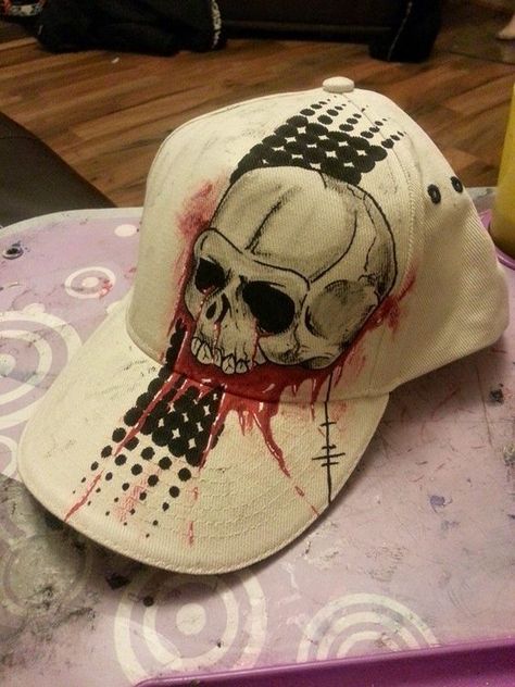 Painted Hoodies, Airbrush Clothes, Graffiti Clothing, Gas Mask Art, Painting Hoodie, Painted Hats, Baseball Caps Fashion, Custom Caps, Floral Hat