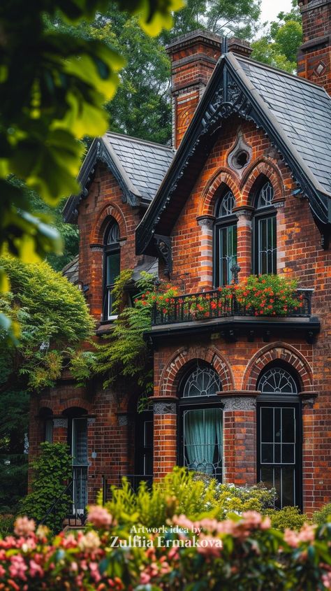 Victorian house. Classic red brick. My fantasy art created with AI. Mi... | TikTok Victorian House Photography, Brick Italianate House, Red Brick Victorian House Exterior, Modern Victorian Home Exterior, Cute Brick House, Victorian Brick House, Red Brick Architecture, Red Brick Homes Exterior, Brick Cottage Homes