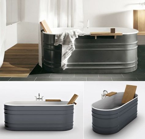 Patricia Urquiola’s Vieques Tub has me wanting to replace my builder’s grade bathtub pronto. Steel tub, with white finish on the inside and dark grey finish on the outside, can be compl… 1860 Farmhouse, Trough Bathtub, Pool Paradise, Camper Remodeling, Outdoor Bathtub, American Barn, Steel Tub, Bathroom Remodels, Patricia Urquiola