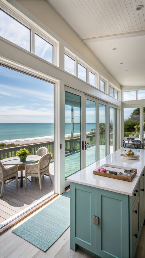 coastal kitchen designs Kitchen With Natural Light, Coastal Windows, Lush Backyard, Coastal Kitchen Design, Kitchen Styles, Coastal Kitchen, Glass Doors, Kitchen Style, Large Windows