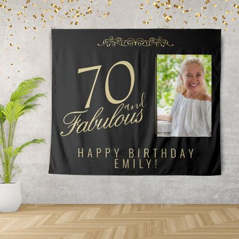 $57.99 | 70 and Fabulous Birthday Photo Black Backdrop - 70 and fabulous, 70th birthday, birthday party backdrop, photo, script, seventieth birthday party decor, 70 years old, birthday backdrop for woman, golden, elegant black birthday backdrop Black Birthday Backdrop, 70 And Fabulous, Bday Background, Birthday Backdrops, Birthday Party Backdrop, Elegant Birthday Party, Black Backdrop, Fabulous Birthday, Black Backdrops