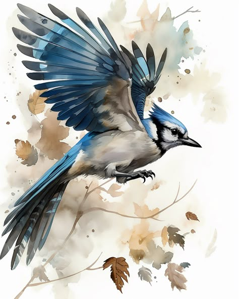 Artwork Ideas For Bedroom, Bird Tattoo Blue Jay, Watercolor Blue Bird, Blue Jay Tattoo Design, Blue Jay Tattoo Black And White, Bluejay Art, Bluejay Painting, Blue Jay Flying, Blue Jay Drawing