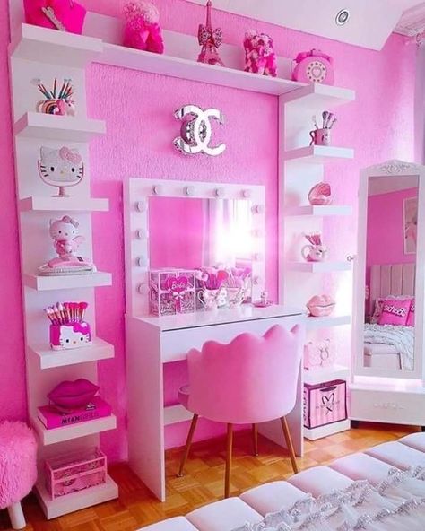 Pink Glam Room, All Pink Room, Pink Room Inspiration, Kids Bedroom Ideas For Girls Toddler, Pink Beauty Room, Pink Room Design, Pink Bedroom Furniture, Kids Bedroom Wall Decor, Bedroom For Girls Kids