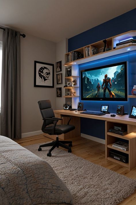 Small Gaming Area In Bedroom, Gaming Area In Bedroom, Small Bedroom Ideas For Men Layout, Bedroom With Gaming Setup, Kids Gaming Bedroom, Teen Gamer Bedroom, Teen Room Ideas For Boys, Gamer Boy Bedroom, Gamer Room Ideas Boy Bedrooms