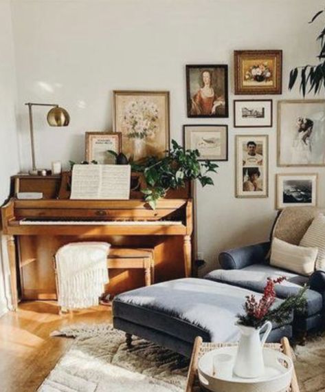 Piano In A Small Living Room, Keyboard Piano In Living Room, Living Room Upright Piano, Piano Under Window, Piano Lounge Room, Stand Up Piano In Living Room, Decor Above Piano Living Rooms, Upright Piano Styling, Pianino In Living Room