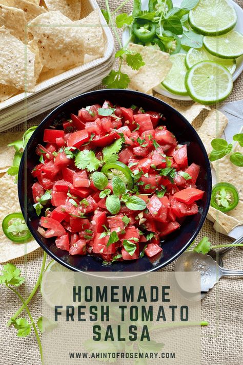 This Homemade Fresh Tomato Salsa is delicious when made with Jersey or heirloom tomatoes. None available? No worries ..use ripe Roma tomatoes or even a mixture of cherry & grape tomatoes. It will still be quite good and they are plentiful year round. Always better than the prepared jarred stuff. A Hint of Rosemary #ahintofrosemary #appetizers #dips #condiments #snacks #texmex #mexican Fresh Tomato Salsa, Roma Tomatoes, Heirloom Tomatoes, Grape Tomatoes, Tomato Recipes, Fresh Tomatoes, Tex Mex, Tomato Salsa, Rosemary