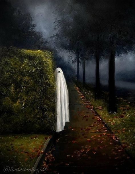 Creepy Halloween Paintings On Canvas, Ghost In Forest Painting, Spooky Acrylic Painting Ideas, Ghost Paintings, Haunted Wedding, Hay Bale Art, Stuffed Pumpkin, Ghost Painting, Famous Characters