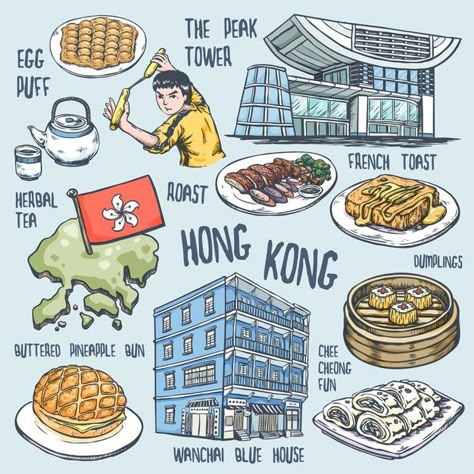 City Guide Design, Pineapple Bun, Hong Kong Art, Hong Kong Food, Romantic Travel Quotes, Travel Notes, Hong Kong Travel, Food Illustrations, Travel Journal