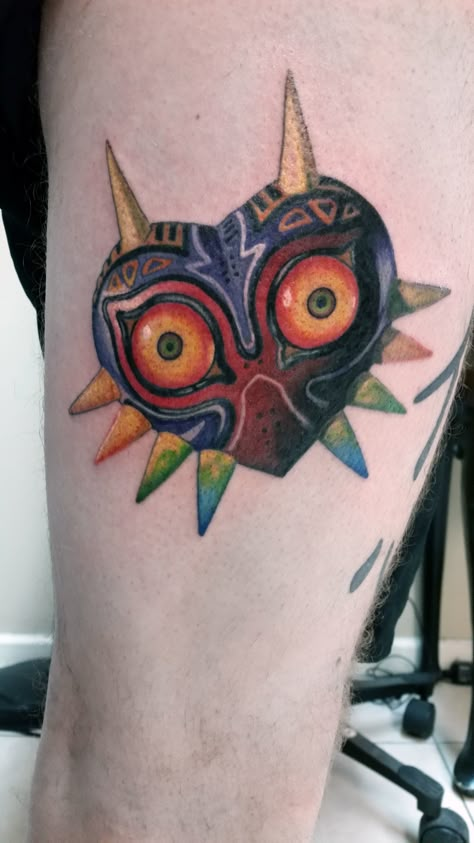 Majoras Mask Tattoo, Majora's Mask Tattoo, Legend Of Zelda Tattoo, Nintendo Tattoo, Zelda Tattoo, Mask Tattoo, Gaming Tattoo, Majoras Mask, R Tattoo