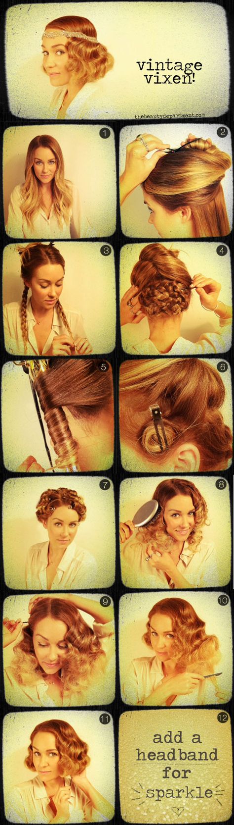 A how to guide on finger waving your hair. Have to try this! This is one of the few hairstyles that looks better with short hair, but it's great on all hair lengths! The pony tails are so cute and creative! i bet i could just wavy curl my hair and add the headband and get the same look with my shorter hair maybe Great Gatsby Party Outfit, Look Gatsby, 20s Hair, Gatsby Girl, Flapper Hair, Faux Bob, Hairstyles Theme, 1920s Hair, Jazz Age