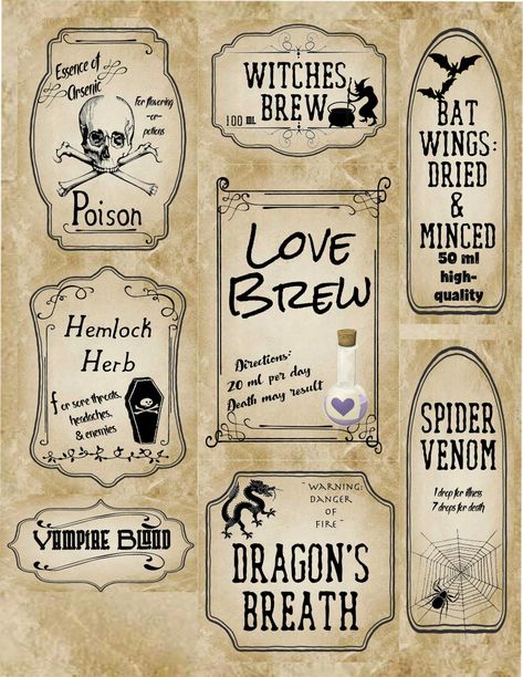 Free Printable Halloween Apothecary Labels: 16 Designs plus Blanks! Halloween Labels Free, Harry Potter Potion Labels, Halloween Labels Printable, Halloween Apothecary Jars, Halloween Apothecary Labels, Halloween Bottle Labels, Apothecary Shop, Free Printable Halloween, Halloween Potion Bottles