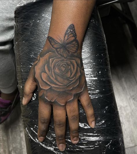 Butterfly Arm Tattoos For Women Forearm, Hand Tattoos For Women Rose, Rose Hand Tattoo Design, Roses Butterfly Tattoo, Rose Hand Tattoo Woman, Side Of Hand Tattoos For Women, Hand Tattoos Rose, Hand Tattoos Flower, Forearm Tats For Women