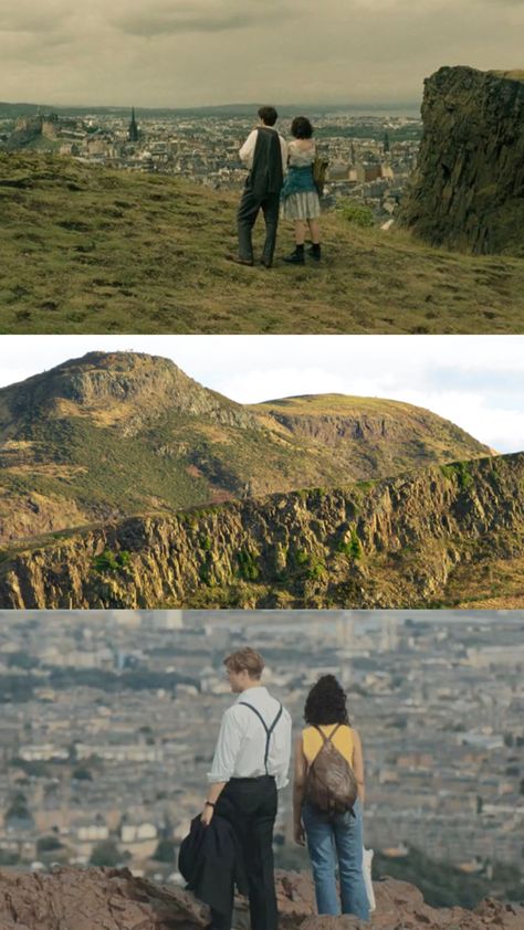 Three photos of Arthur’s Seat (dormant volcano in Edinburgh, Scotland) with two people facing the view of city in each as featured in the series and film One Day Arthurs Seat Edinburgh, Scotland Aesthetic, Arthur’s Seat, Arthurs Seat, Semester Abroad, Cozy Cafe, Winter Break, Secret Places, Edinburgh Scotland