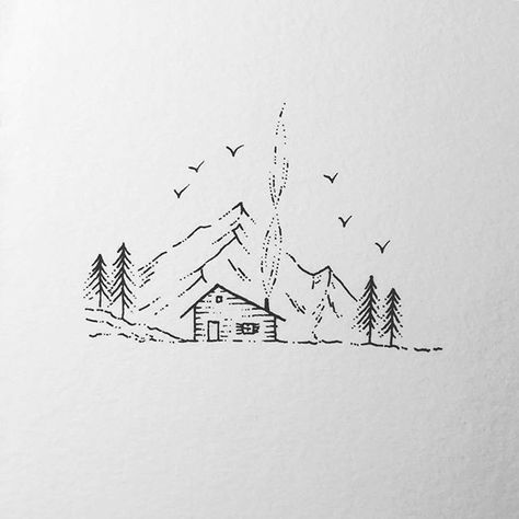 Ridge Drawing Ideas, Ridge Illustration, Ridge Drawing, Remote Illustration, Remote Drawing, Switzerland Drawing, Mountain Drawing Simple, Cabin Tattoo, Sketches Inspiration