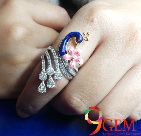 Style your best traditional attire with luxurious peacock style diamond ring @ https://www.9gem.com/ Peacock Ring Design, Peacock Ring Design Gold, Peacock Jewelry Ring, Peacock Jewellery, Simple Necklace Designs, Peacock Ring, Hand Chain Jewelry, Indian Wedding Jewelry Sets, Peacock Jewelry