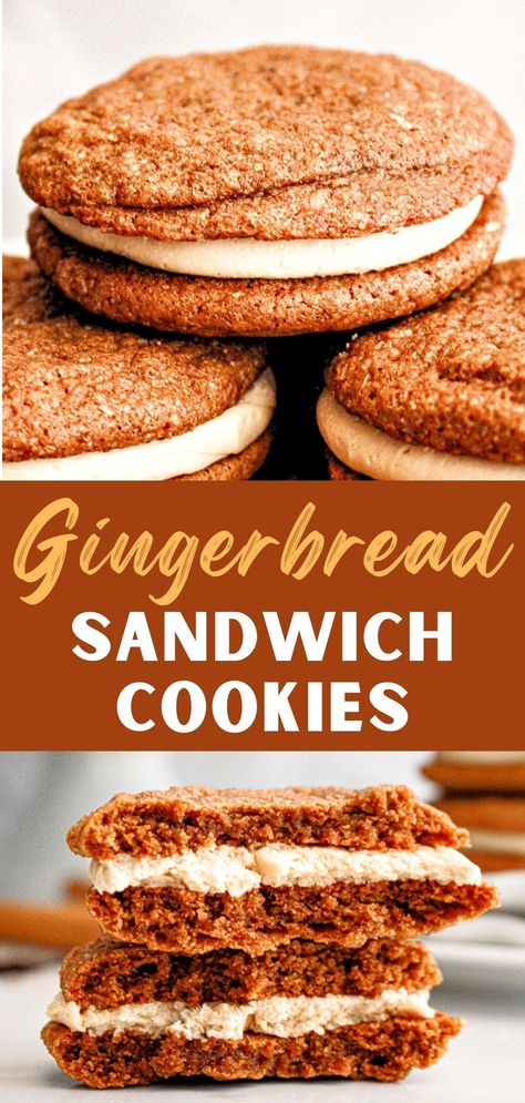 This recipe is wonderful: soft gingerbread cookies sandwiched with vanilla coffee buttercream. It's a twist on classic snickerdoodles, and the dough and filling can be made ahead of time, making them a great option for gatherings and holiday celebrations. Gingerbread Cookie Sandwich, Sandwich Cookie Recipes, Gingerbread Sandwich Cookies, Christmas Sandwiches, Peppermint Treats, Gingerbread Cookie Dough, Cookie Sandwich Recipes, Christmas Spread, Soft Gingerbread