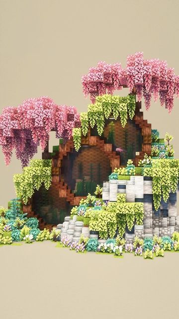 Green House Minecraft Tutorial, Minecraft Fairy Farm Ideas, Fallen Log House Minecraft, Mushroom World Minecraft, Minecraft Building Ideas Mountain Side, Wizard Minecraft Builds, Allay Minecraft Houses, Cute Minecraft Builds No Mods, Minecraft Custom Flowers