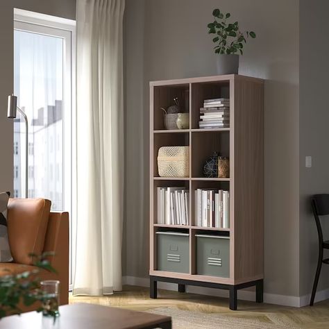 KALLAX Shelving unit with underframe, walnut effect/light gray black, 303/8x645/8" - IKEA Kallax Ikea Black, Black Ikea Shelves, Black Kallax Ikea, Black Kallax Styling, Ikea Kallax Black, Ikea Hacks Kallax Shelves, Kallax Black, Ikea Kallax Shelving, Kallax Shelving