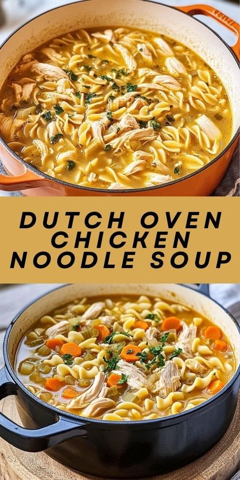 Savor the flavors of homemade comfort food with this Dutch Oven Chicken Noodle Soup! 🥣🍗 Loaded with tender chicken, savory broth, and fresh noodles, it’s a healthy and delicious dinner option for the whole family. Ideal for meal prep or a quick one-pot dinner, this recipe is both simple and satisfying. Pin now and add it to your list of cozy recipes to try this season! #HomemadeChickenSoup #DutchOvenMeals #HealthyRecipes #ComfortFoodDinners #SoupSeason 🍂❤️ Dutch Oven Chicken Noodle Soup, Dutch Oven Soup Recipes, Whole Chicken Soup, Dutch Oven Soup, Vegetable Noodle Soup, Dutch Oven Chicken, Chicken Noodle Soup Recipe, Oven Chicken Recipes, Noodle Soup Recipe