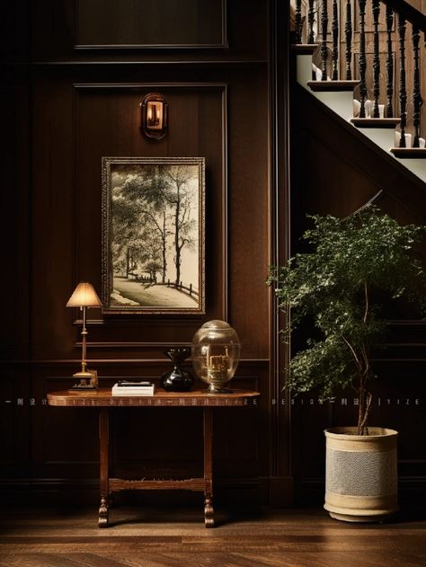 Contemporary Dark Academia, English Colonial Style Interiors, Hunt Club Decor, Hermes Interior, Classicism Interior, Gray Interior Design, Gray Decor, Classic Interiors, Dark Interiors