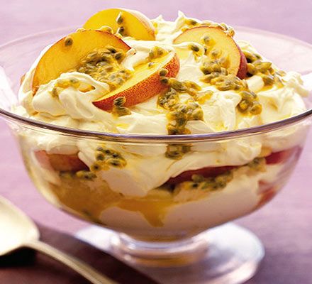 Passionfruit trifle Passion Fruit Trifle, Fruit Trifle Recipes, Peach Trifle, Passion Fruit Recipes, Pea And Mint Soup, Fruit Trifle, Passionfruit Recipes, Trifle Recipes, Trifle Dish