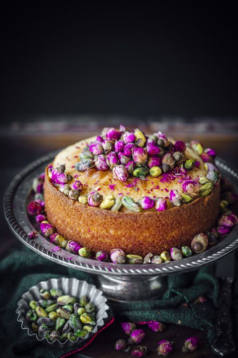 Rosewater Semolina Cake - Sugar et al Rose Pistachio Cake, Rose Pistachio, Semolina Cake, Middle Eastern Desserts, Pistachio Cake, Persian Food, Köstliche Desserts, Savoury Cake, Love Cake