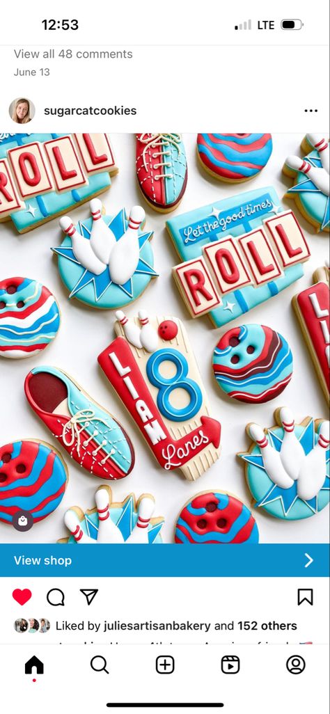 Bowling Cookies, Lettering Number, Bowling Cake, Pasteles Halloween, Bowling Birthday Party, Retro Bowling, Crazy Cookies, Sugar Cookie Royal Icing, Iced Sugar Cookies