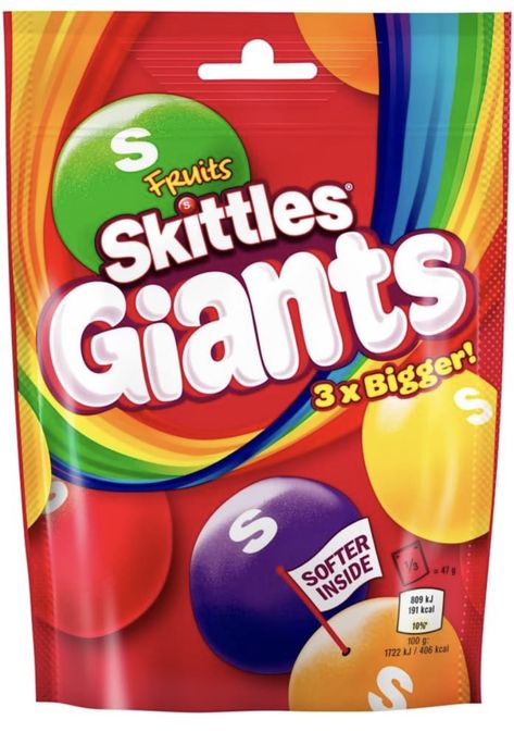 Skittles Giants bite-sized sweets are 3x bigger with the same crunchy shell and bigger soft centre with a bright explosion of fruity flavours Skittles Giants Fruits bag includes Orange, Lime, Lemon, Blackcurrant and Strawberry flavours Skittles Giants bite-sized sweets are 3x bigger with the same crunchy shell and bigger soft centre with a bright explosion of fruity flavours Makes every celebration sweeter: perfect for birthday parties, big nights in with friends, or Halloween ‘trick or treat’ s Giant Sweets, Fruit Lollies, Sour Skittles, Slush Puppy, Popular Candy, Fruit Bag, Movie Snacks, Chewy Candy, Sour Candy