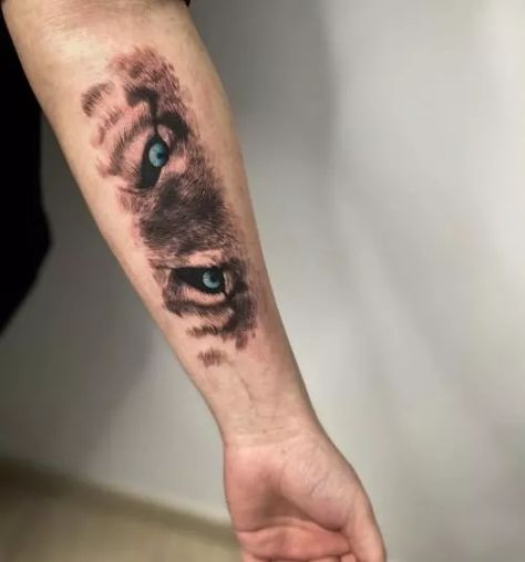 Wolf Eyes Tattoo Men, Wolf Eyes Tattoo For Women, Wolf Eyes Tattoo, Blue Eye Wolf Tattoo, Half Face Wolf Tattoo, Wolf Tattoo Red Eyes, Wolf Blue Eyes Tattoo, Eye Tattoo On Arm, Wolf Eye Tattoo