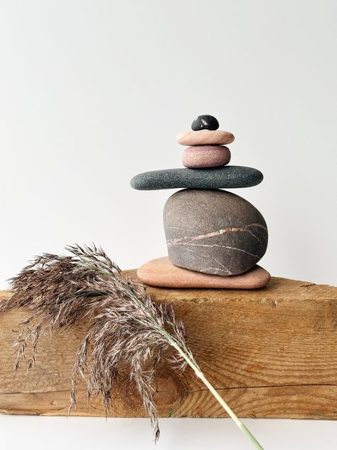 Desk Decor Aesthetic, Boho Shelf Decor, Balance Stones, Balancing Rocks, Farmhouse Coastal Decor, Boho Shelf, Aesthetic Bookshelf, Aesthetic Office, Office Decor For Women