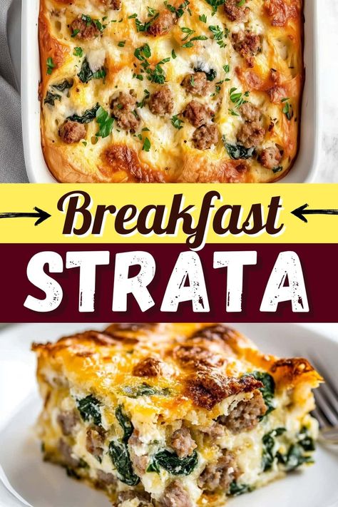 This tasty breakfast strata is perfect for feeding a crowd! Packed with sausage, spinach, and cheese, it's a guaranteed winner. Easy One Pot Breakfast, Breakfast To Take To A Party, Breakfast Casserole Recipes With Bread, Breakfast Brunch Recipes Ideas, Breakfast In A Pan, Breakfast Football Food, Breakfast Sandwich Casserole, Individual Breakfast Casserole, Easy Fall Brunch Ideas