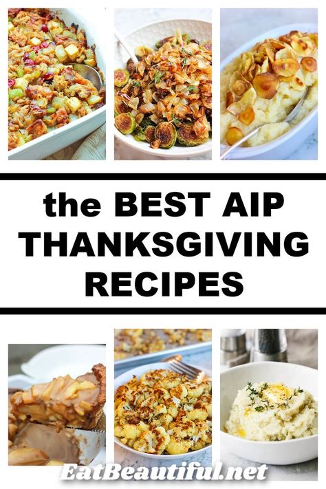 The Best AIP Thanksgiving Recipes! Seriously the best and most reliable stuffing, mashed cauliflower, gravy, apple pie and more! Enjoy these well chosen Paleo favorites free of eggs, dairy, nuts and seeds! || Eat Beautiful | comfort foods | aip holiday recipes | aip thankgiving recipes | aip side dishes | aip stuffing recipe | aip apple pie recipe | autoimmune protocol side dish recipes | AIP Thanksgiving | AIP Christmas | #aip #holiday #recipes #sidedish #thanksgiving #christmas Aip Apple Pie, Aip Thanksgiving Recipes, Apple Pie Rolls, Cauliflower Gravy, Aip Thanksgiving, Aip Side Dishes, Aip Recipes Autoimmune Protocol, Autoimmune Diet Recipes, Thanksgiving Side Dish Recipes