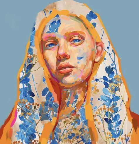 Wearing Hijab, Posca Art, Garden Print, A Level Art, Ap Art, Blue And Orange, Art Plastique, Portrait Art, Head Scarf