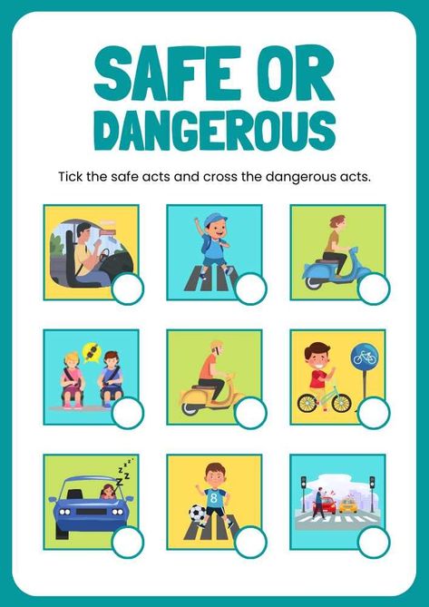 Safe or Dangerous English Kindergarten Level Worksheet Teaching Safety To Preschoolers, Safe And Unsafe Worksheets, Safety Rules At School, Safety At School, Teaching Pictures, English Kindergarten, Aba Resources, Safety Rules For Kids, Worksheets For Class 1